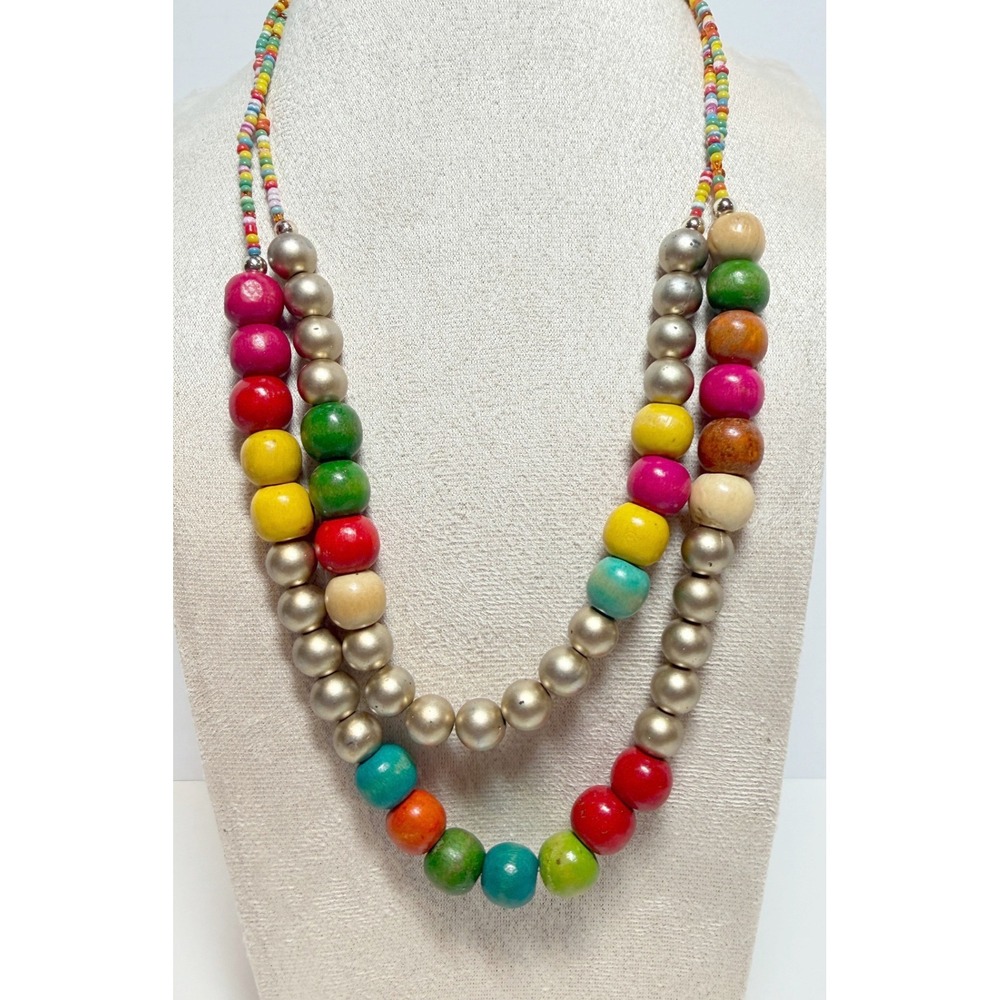 Multicolor Double Strand Beaded Necklace Silver Tone Boho Rainbow 18–23"